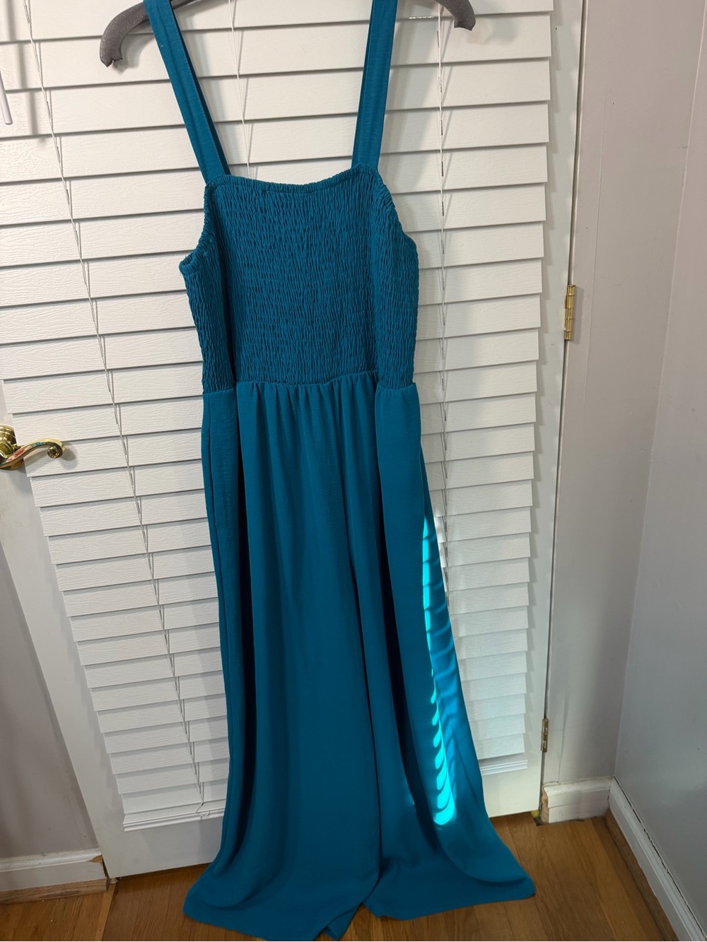 Flowy Teal Wide-Leg Jumpsuit Dress with Shirred Bodice